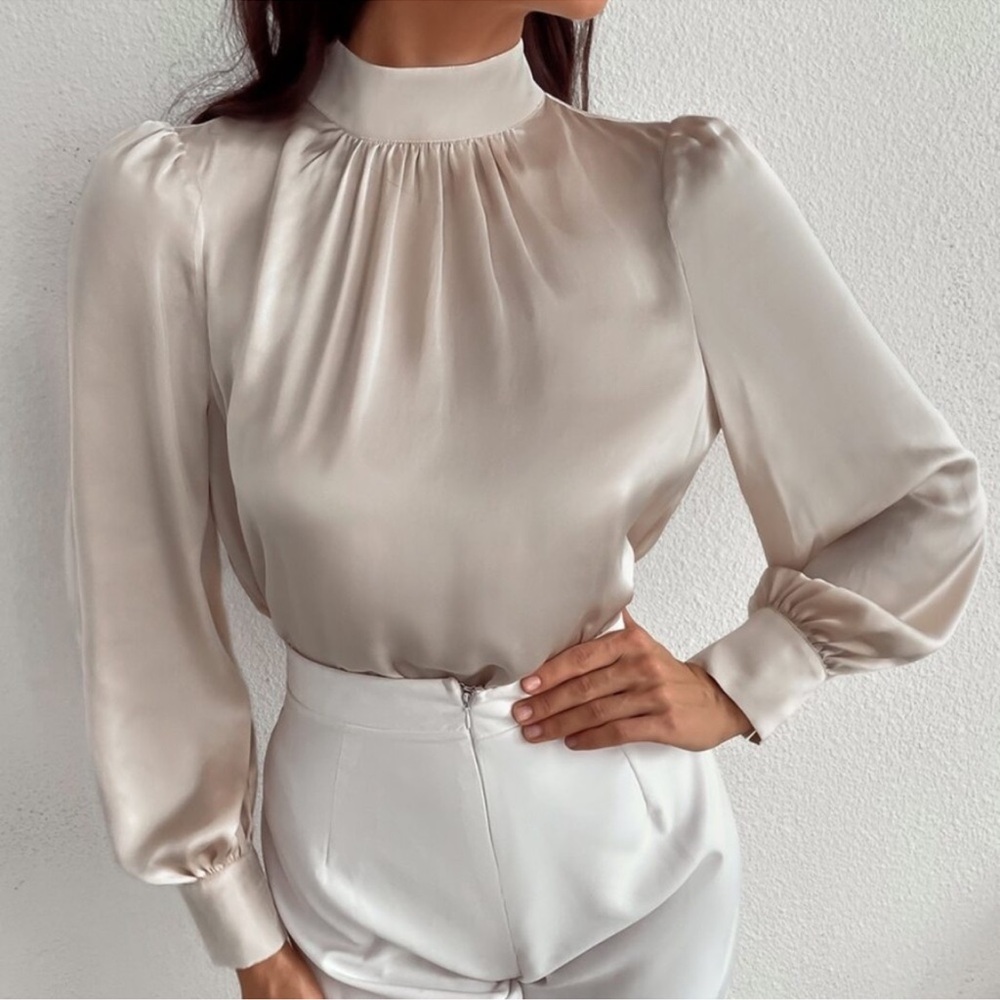 Classic High Neck Pleated Satin Long Sleeve Top XS S M L